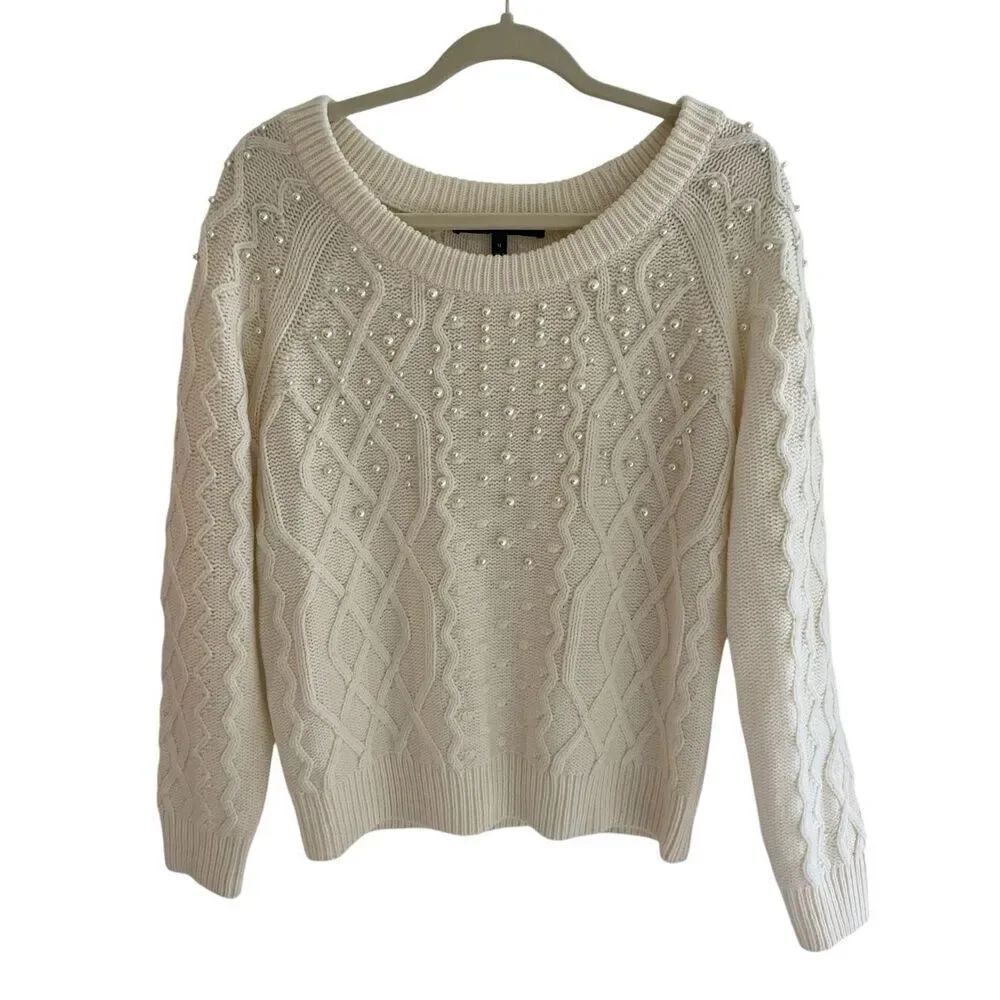 White House Black Market Cream Cable Knit Pearl Wool Sweater Women’s Size Medium